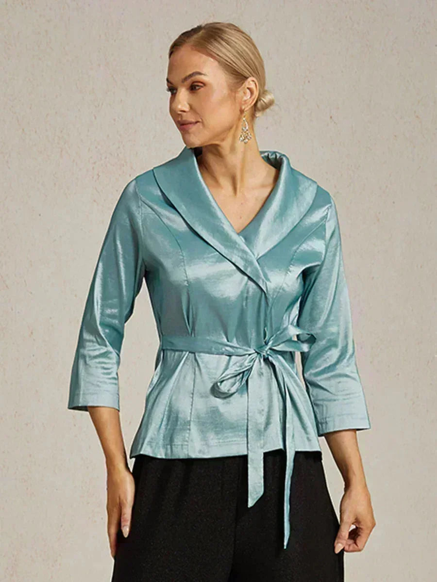 3/4 mouw stretch taffeta blouse met ceintuurdetail