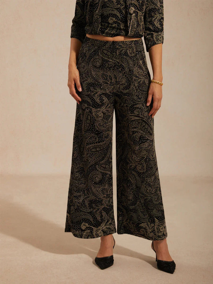 Paisley Straight Leg Knit Pants with Subtle Sequin Detail