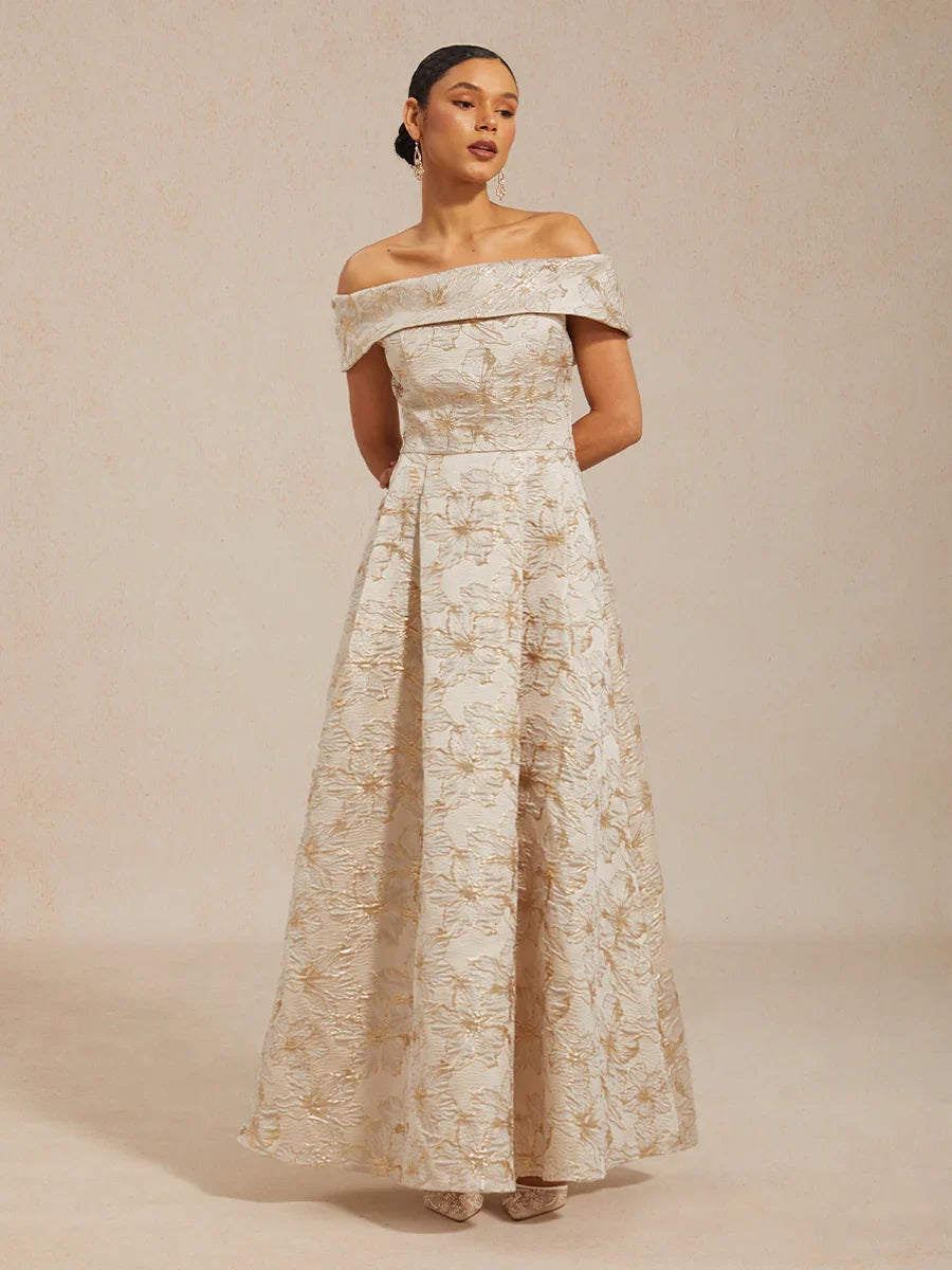 Off the Shoulder Metallic Floral Jacquard Ballgown