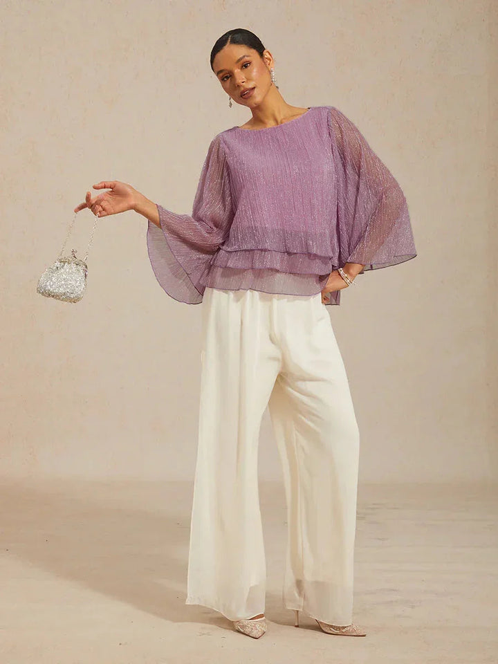 Metallic Geplooide Chiffon Asymmetrische Gelaagde Blouse