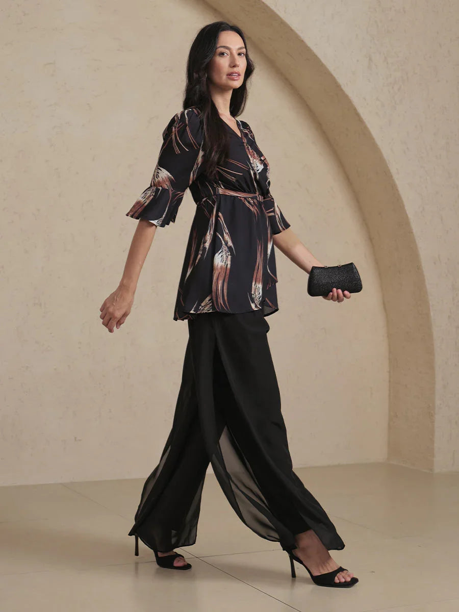 V-hals Lange Tuniekblouse met Volantmouwen