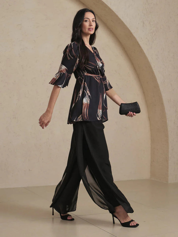 V-hals Lange Tuniekblouse met Volantmouwen