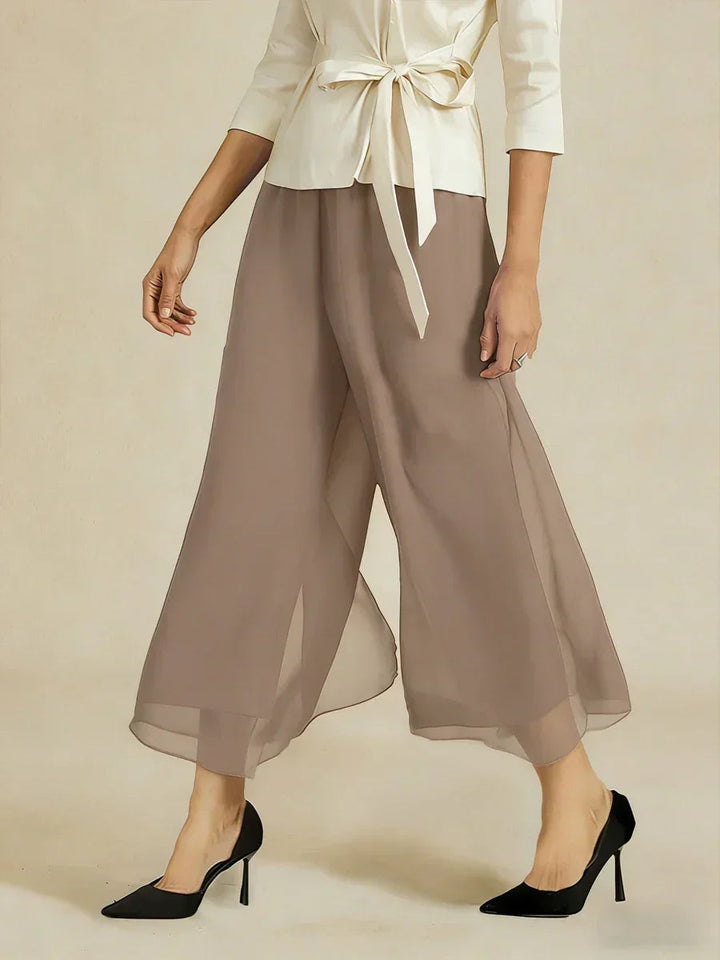 Cropped lengte rechte pijp broek met chiffon split pijp overlay