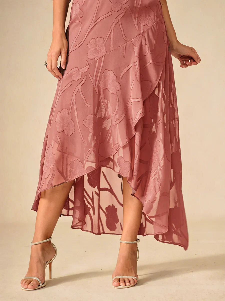 Bloemenchiffon Avondjurk Met Asymmetrische Zoom