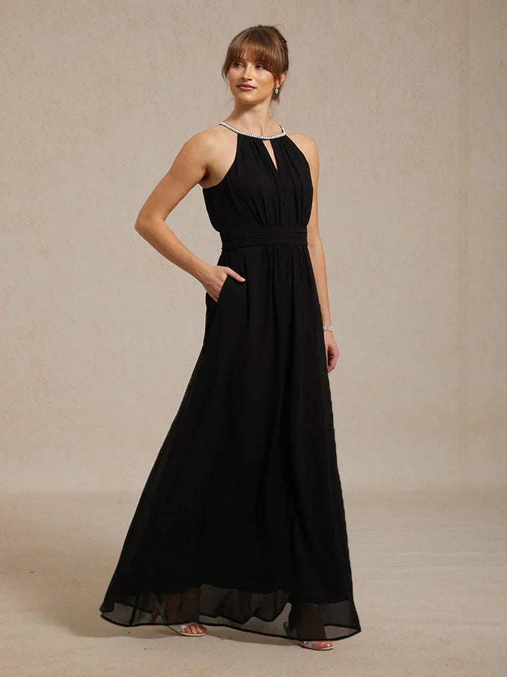 Chiffon Pearl Halter Neck Floor-Length Dress