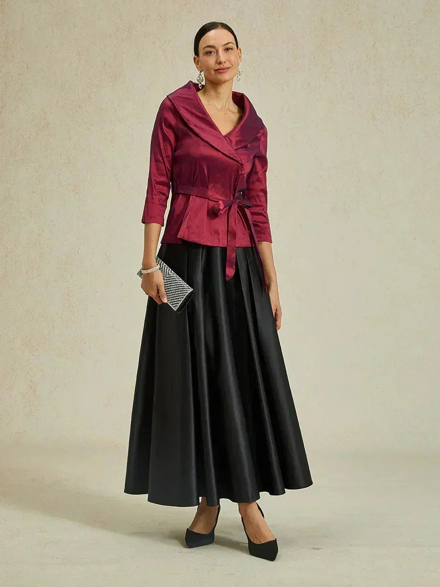 3/4-Sleeve Stretch Taffeta Blouse with Belt Detail