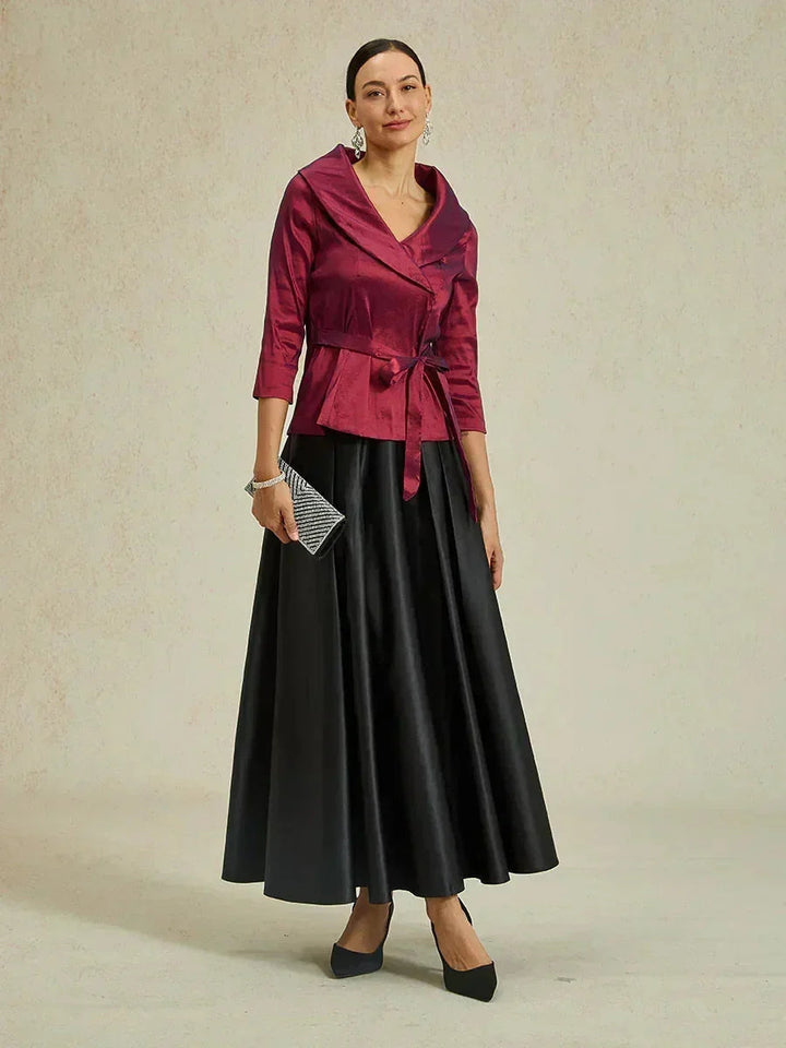 3/4-Sleeve Stretch Taffeta Blouse with Belt Detail