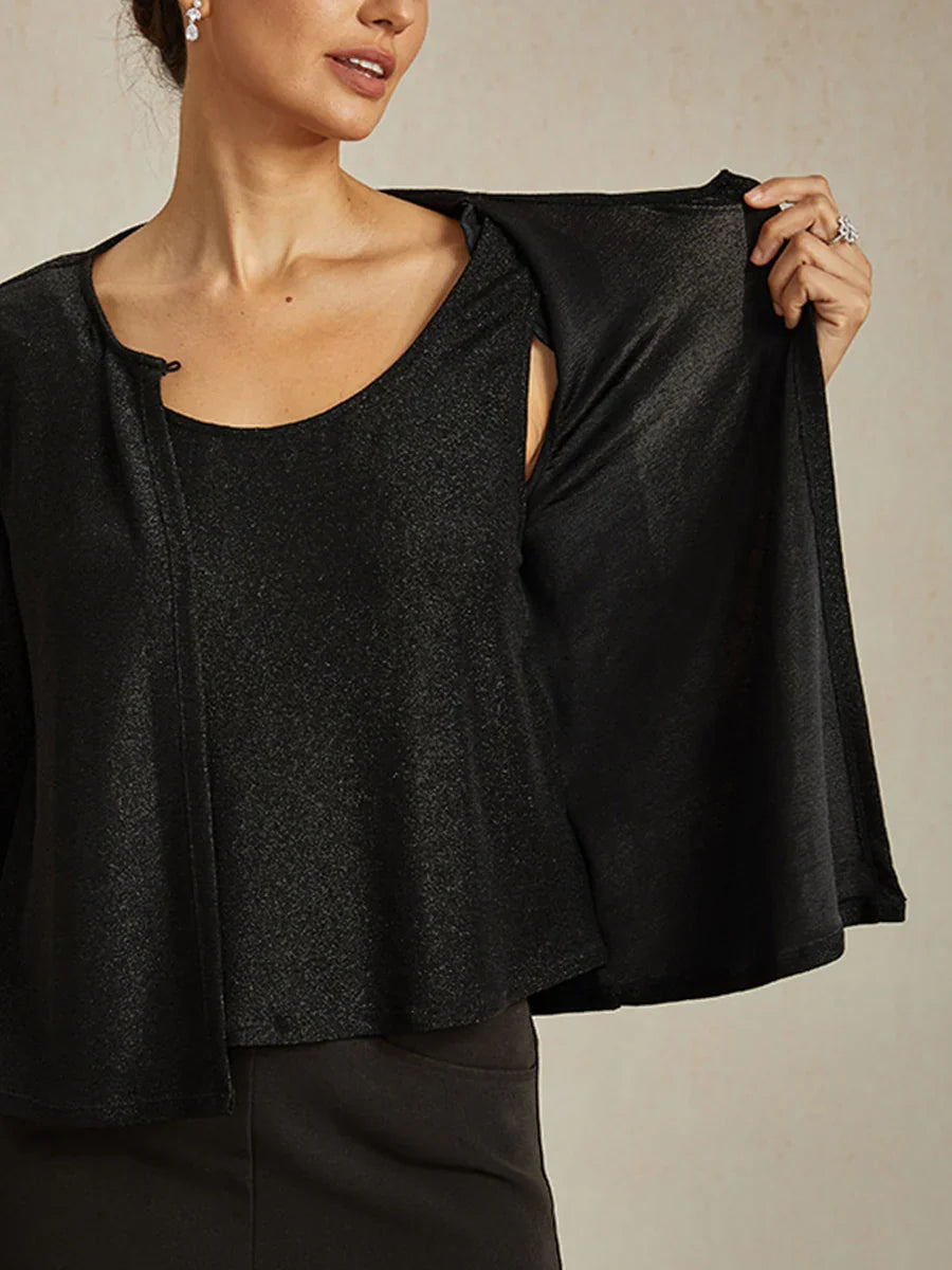 Metallic Knit Blouse with Beading and 3/4 Sleeves