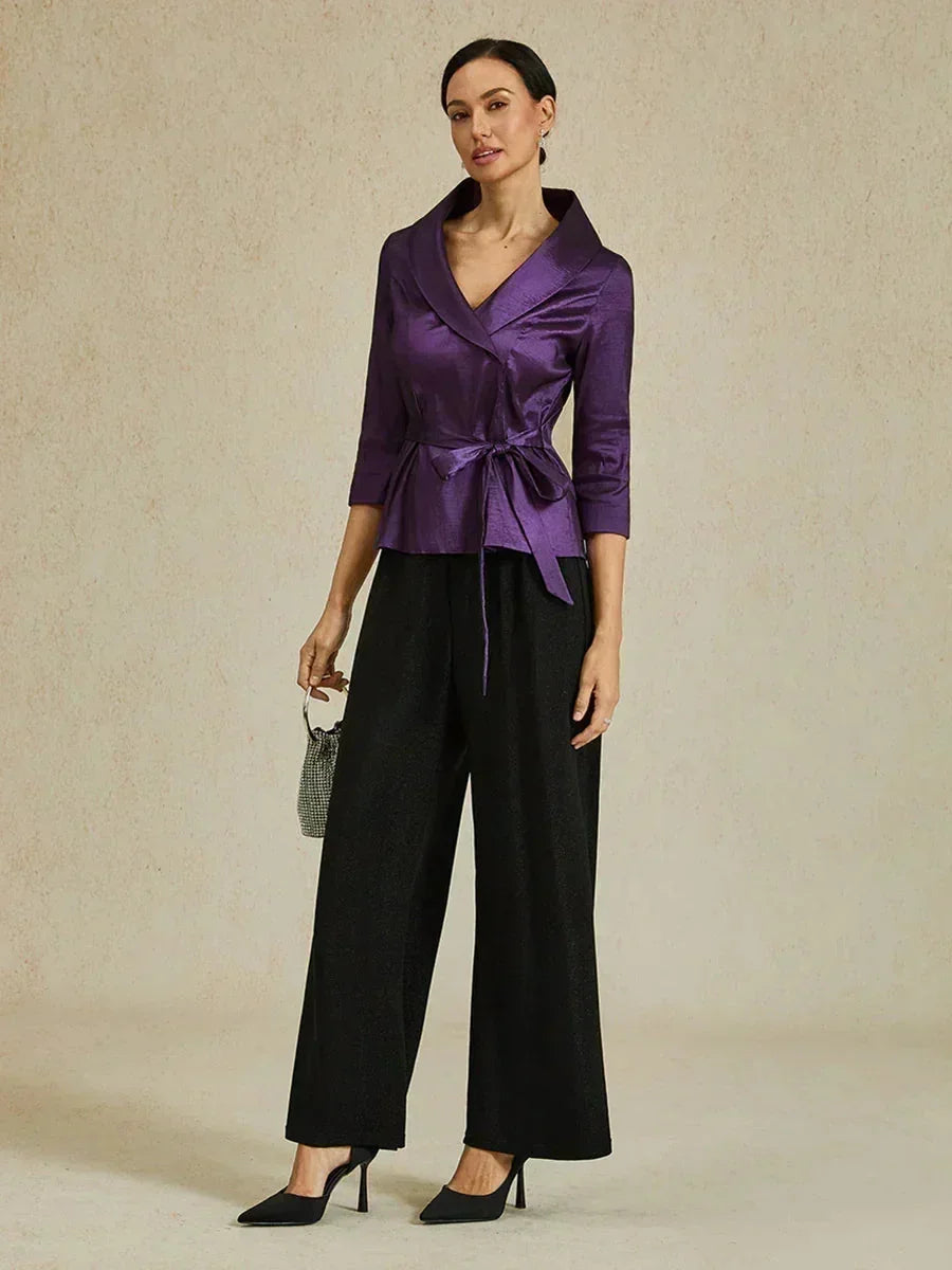 3/4-Mouw Stretch-taffeta Blouse Met Strikdetail In De Taille