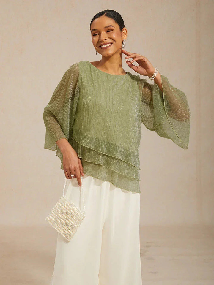 Metallic Geplooide Chiffonblouse met Asymmetrische Lagen