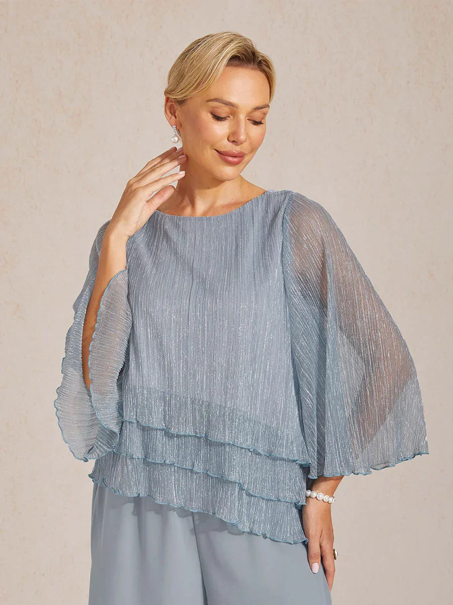 Metallische Geplooide Chiffon Asymmetrische Gelaagde Blouse