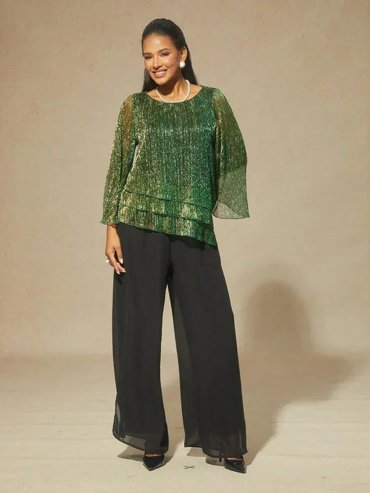 Metallic Geplooide Chiffonblouse met Asymmetrische Lagen