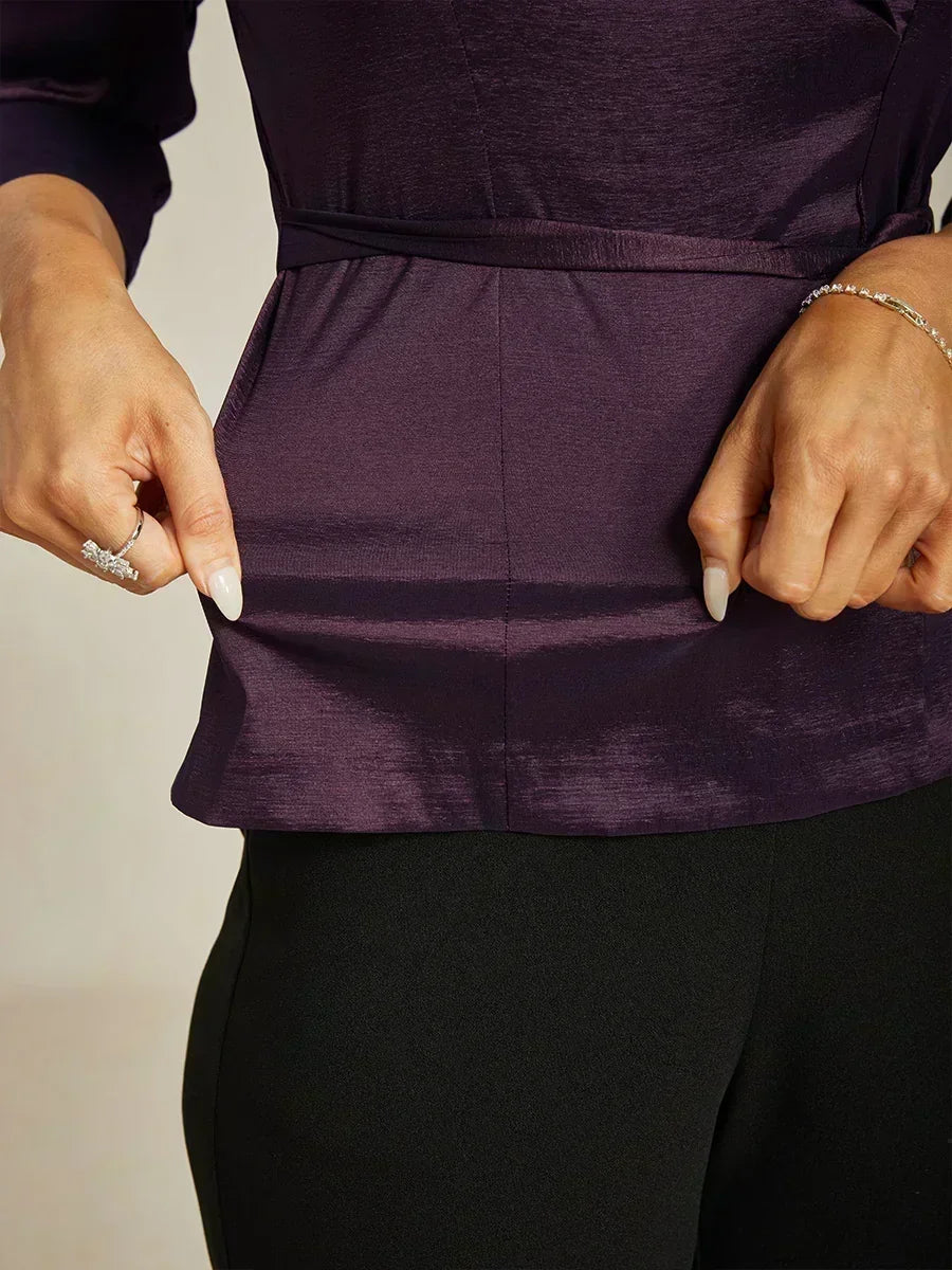 3/4 mouw stretch taffeta blouse met ceintuurdetail