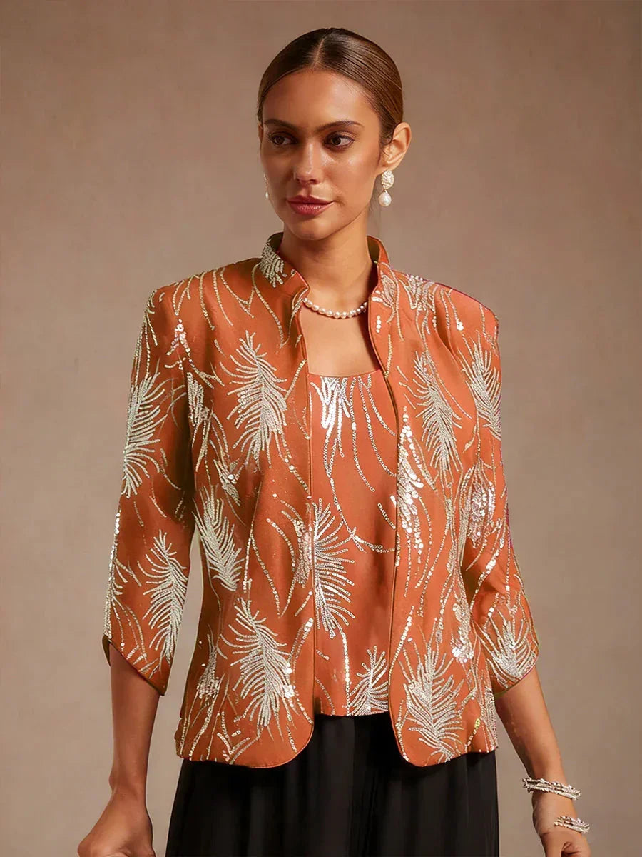 Elegant Twinset Met Mandarijnkraag En Pailletten