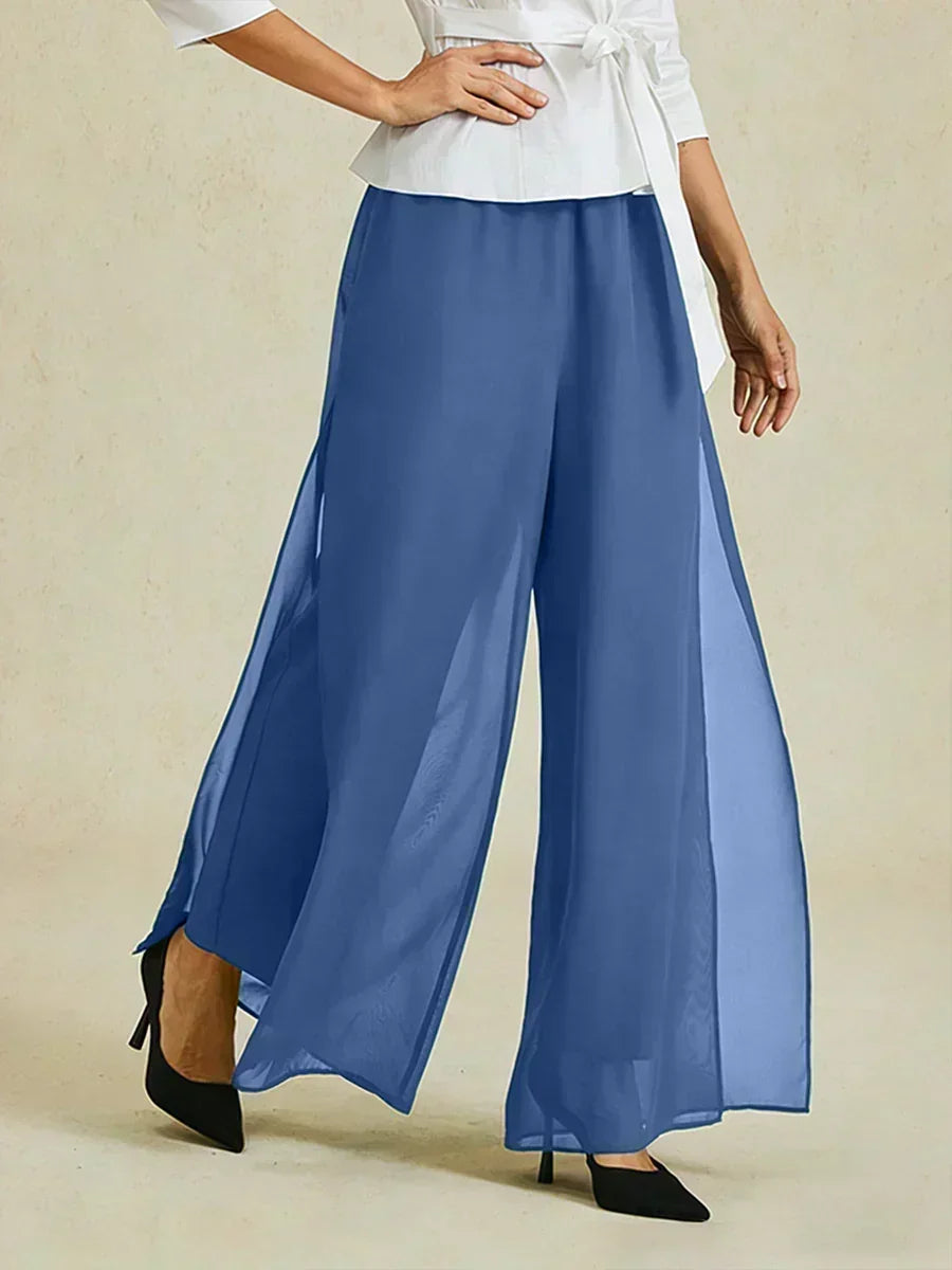 Rechte broek met chiffon split been overlay