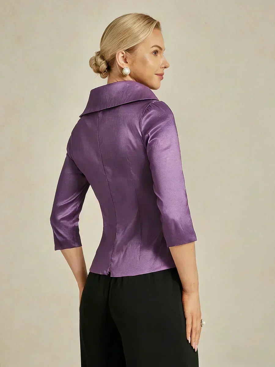 3/4 mouw stretch taffeta blouse met ceintuurdetail