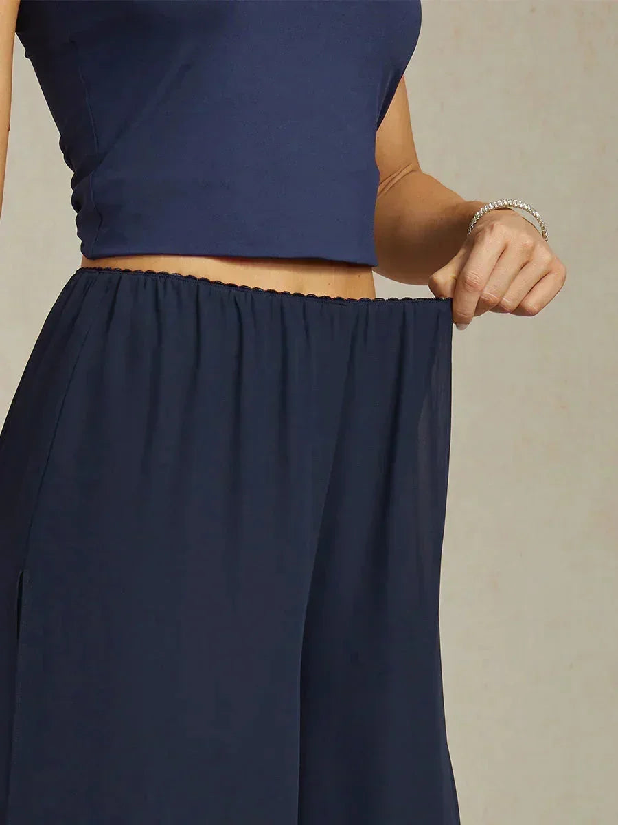 Broek Met Korte Lengte En Rechte Pijpen Met Chiffon Split-Overlay