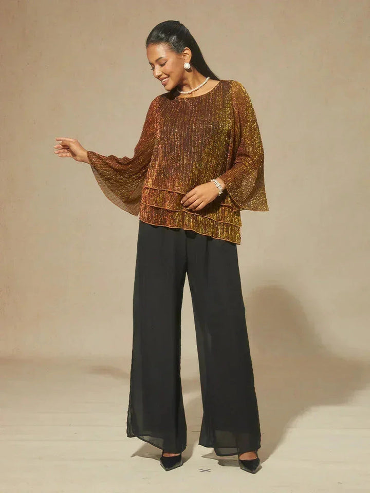 Metallic Geplooide Chiffon Asymmetrische Gelaagde Blouse