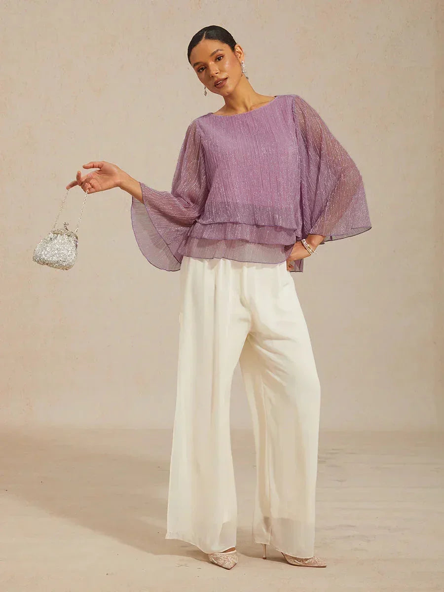 Metallische Geplooide Chiffon Asymmetrische Gelaagde Blouse