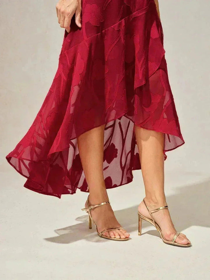 Chiffon Mouwloze Avondjurk Met Bloemenprint En Asymmetrische Zoom