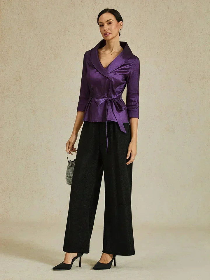 3/4 mouw stretch taffeta blouse met ceintuurdetail