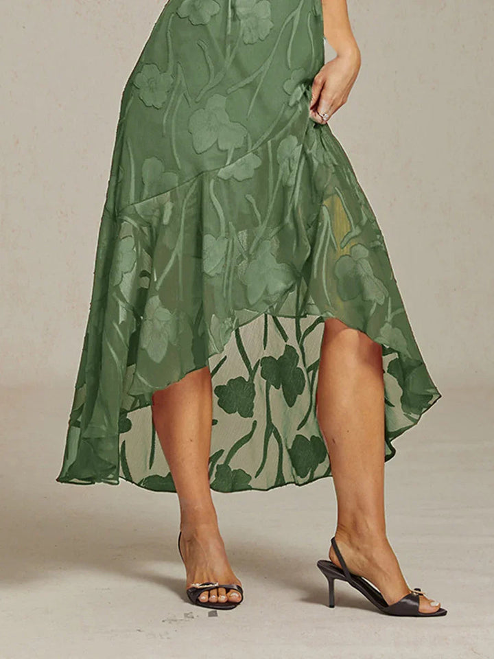 Floral Chiffon Sleeveless Evening Gown with Asymmetrical Hem