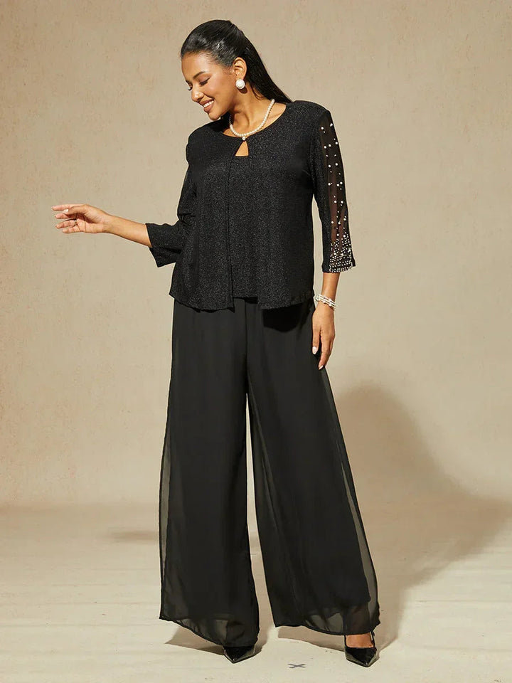 Metallic Knit Blouse with Beading and 3/4 Sleeves