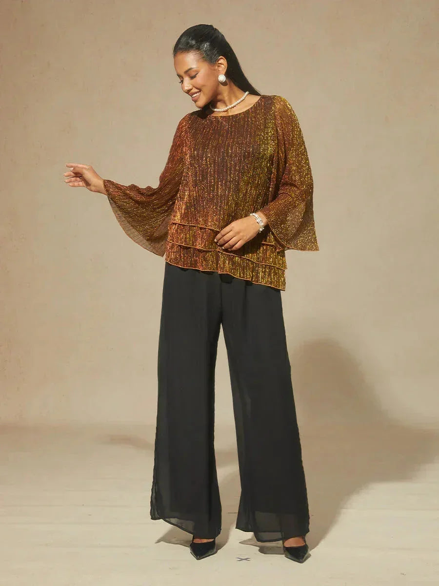 Metallic Plissé Chiffon Asymmetrische Gelaagde Blouse