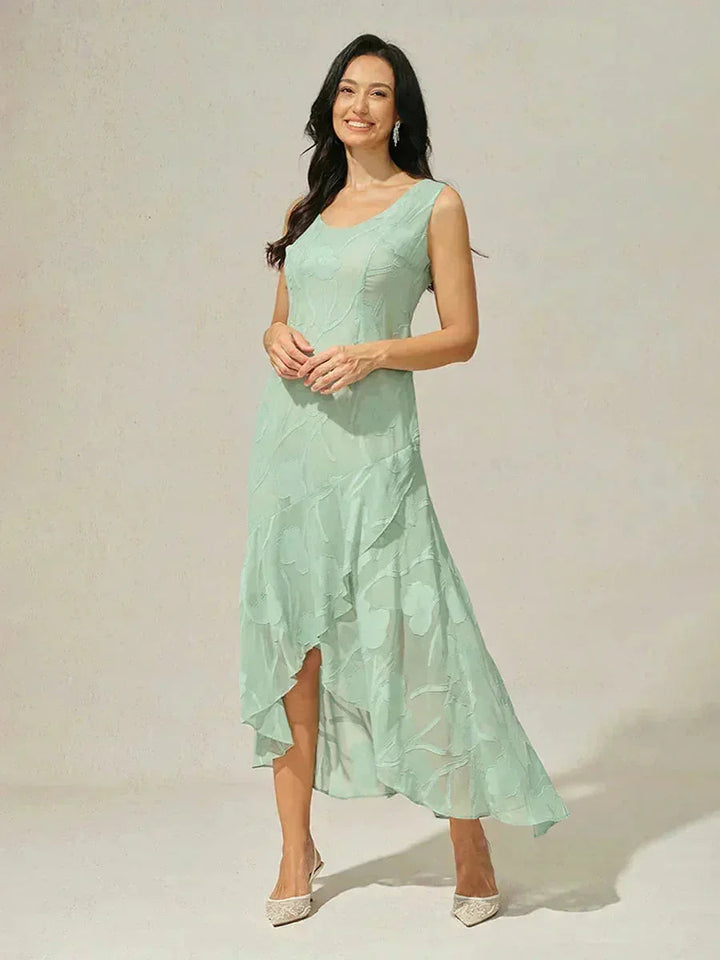 Mouwloze Chiffon Avondjurk met Bloemen en Asymmetrische Zoom