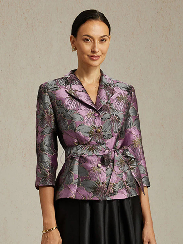 3/4-Sleeve Floral Jacquard Blouse with Tie Belt