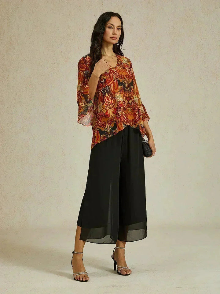 Pantalon Met Rechte Pijpen in Cropped Lengte met Chiffon Split-Overlay