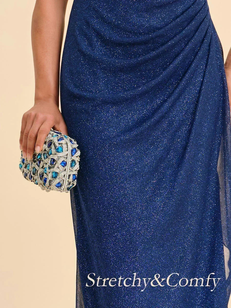 Enkellange Jurk Met Open Schouders Van Glittermesh