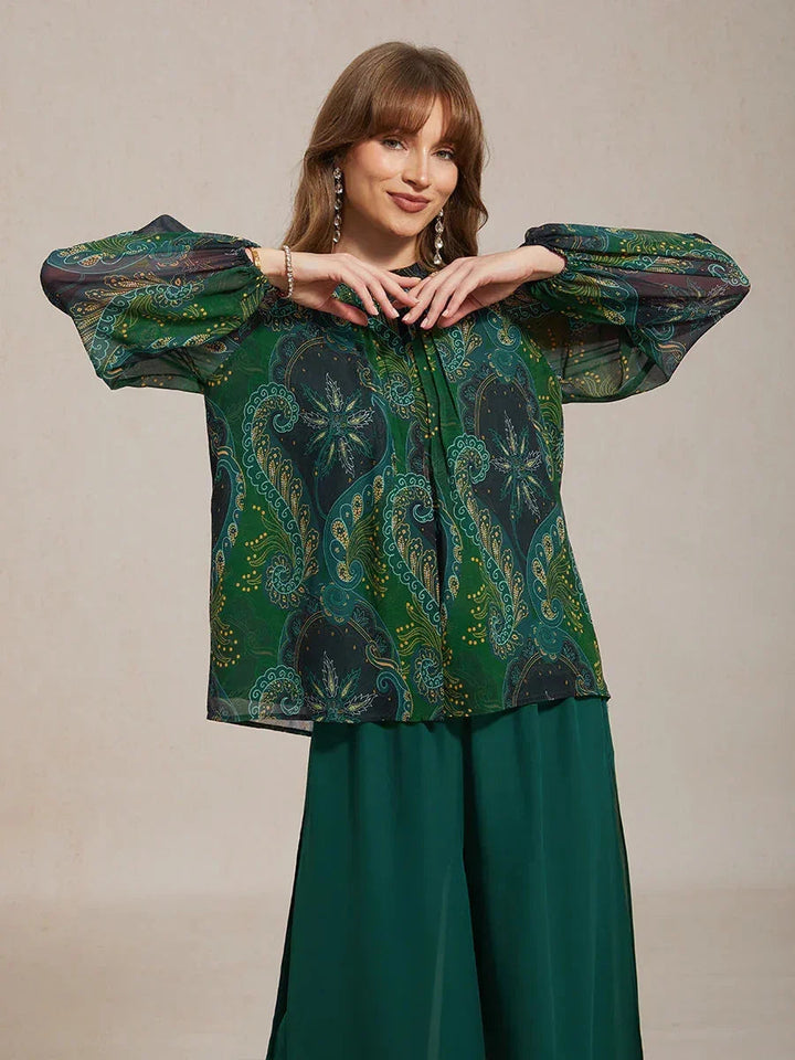 Paisley Chiffon Boerenblouse met Lange Lantaarmouwen