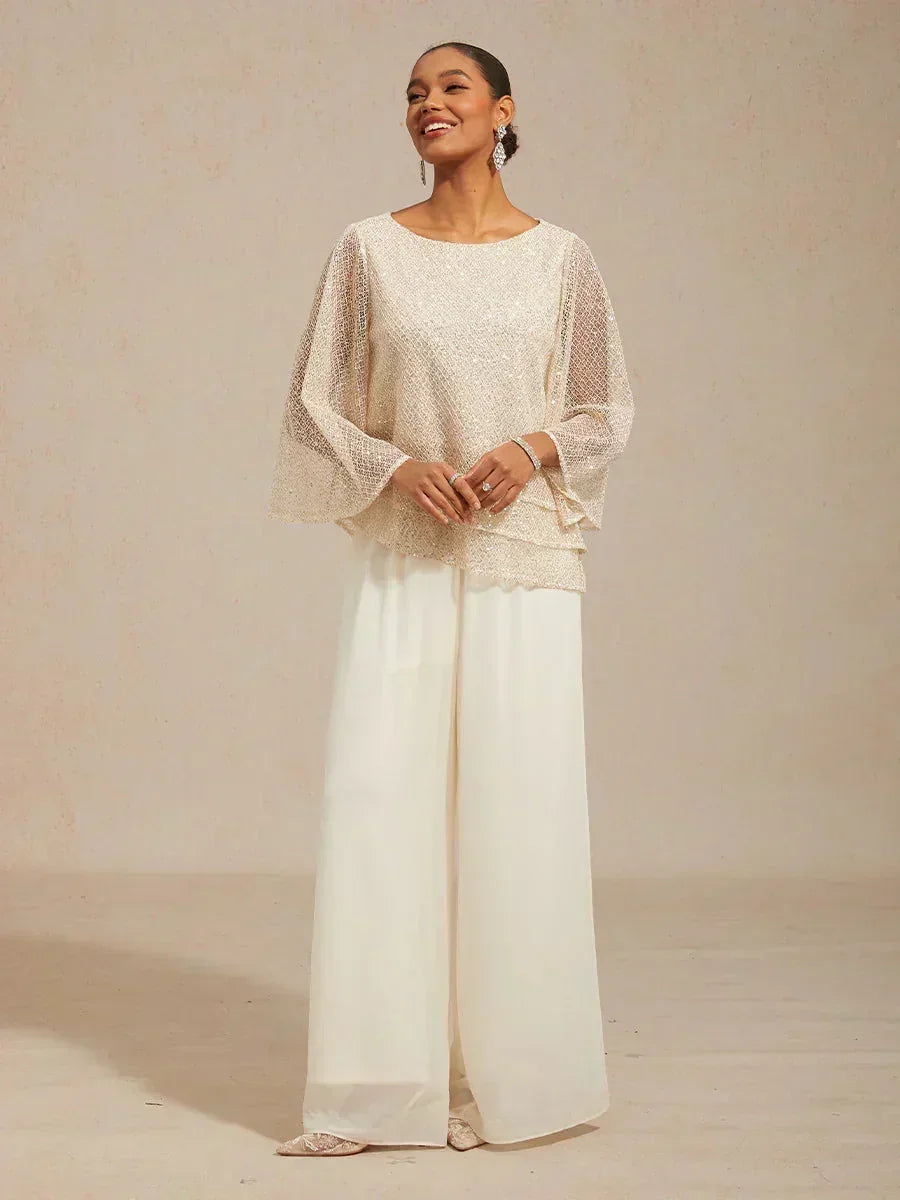 Rechte broek met chiffon split been overlay