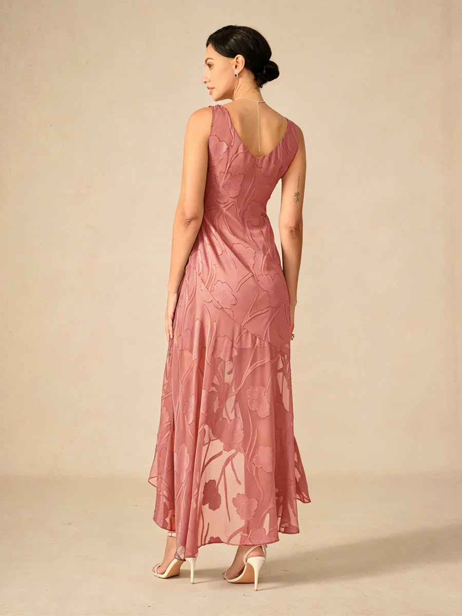 Bloemenchiffon Avondjurk Met Asymmetrische Zoom