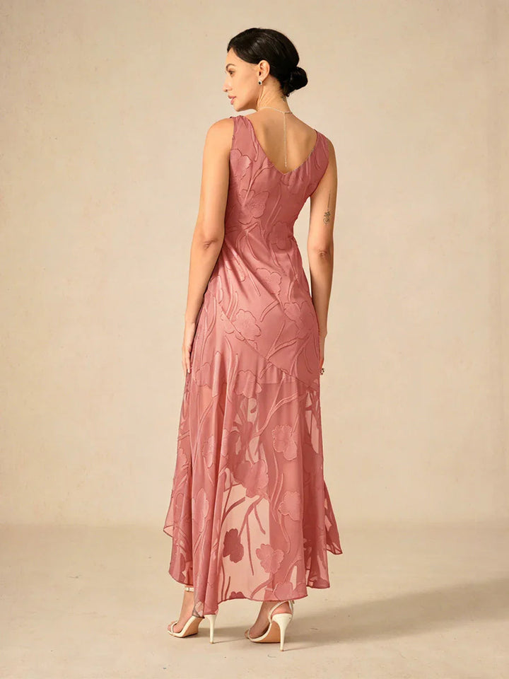 Floral Chiffon Sleeveless Evening Gown with Asymmetrical Hem