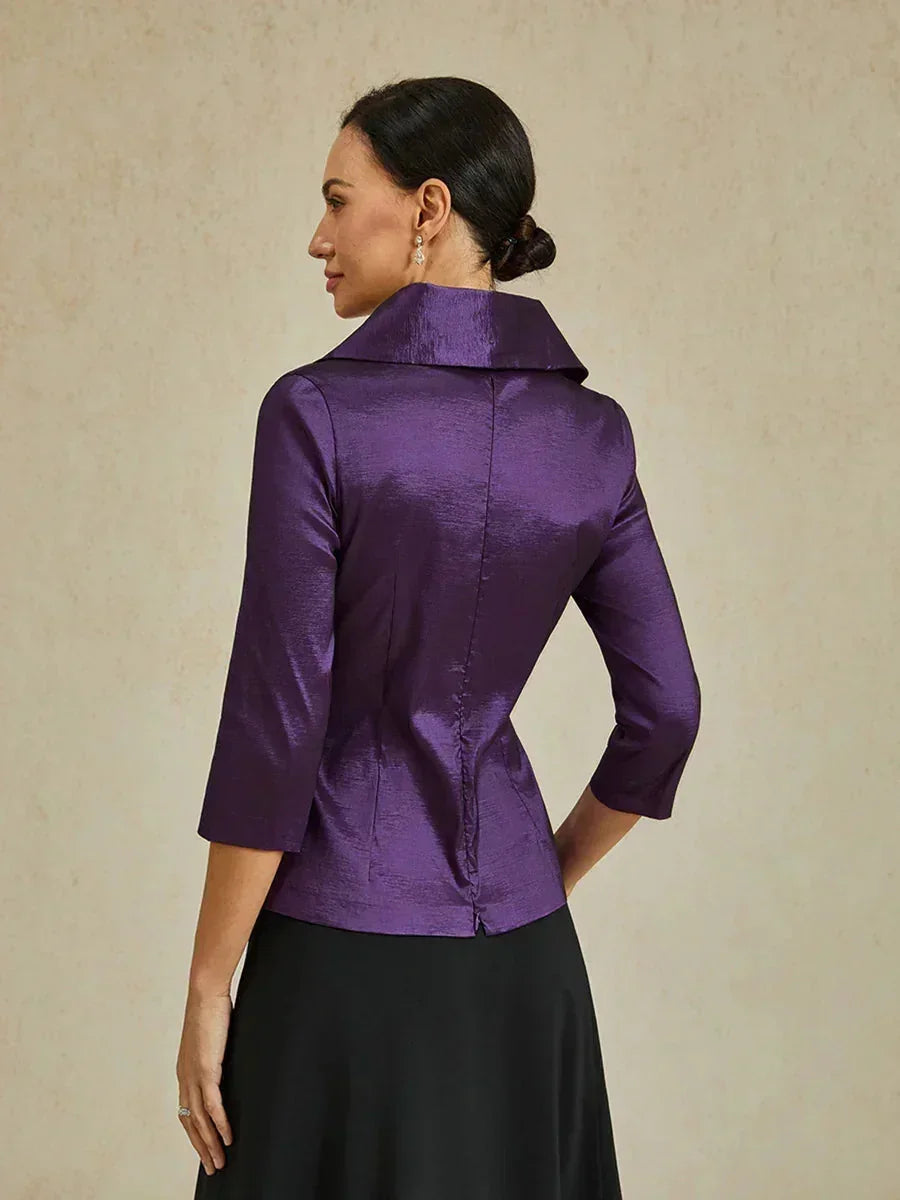 3/4-Mouw Stretchtaffeta Blouse met Strikdetail in de Taille
