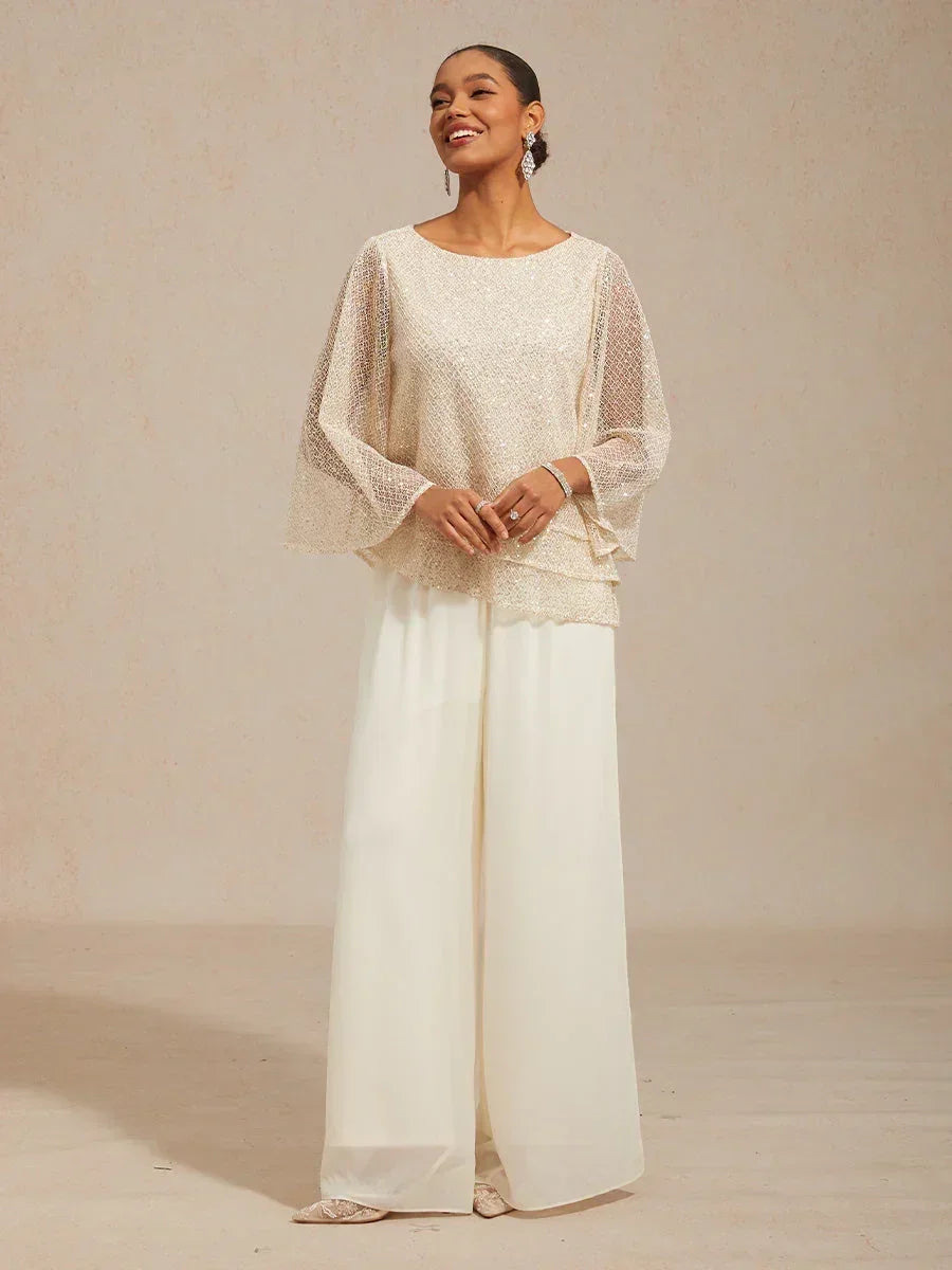 Bell Sleeves Mesh Sequin Layered Top