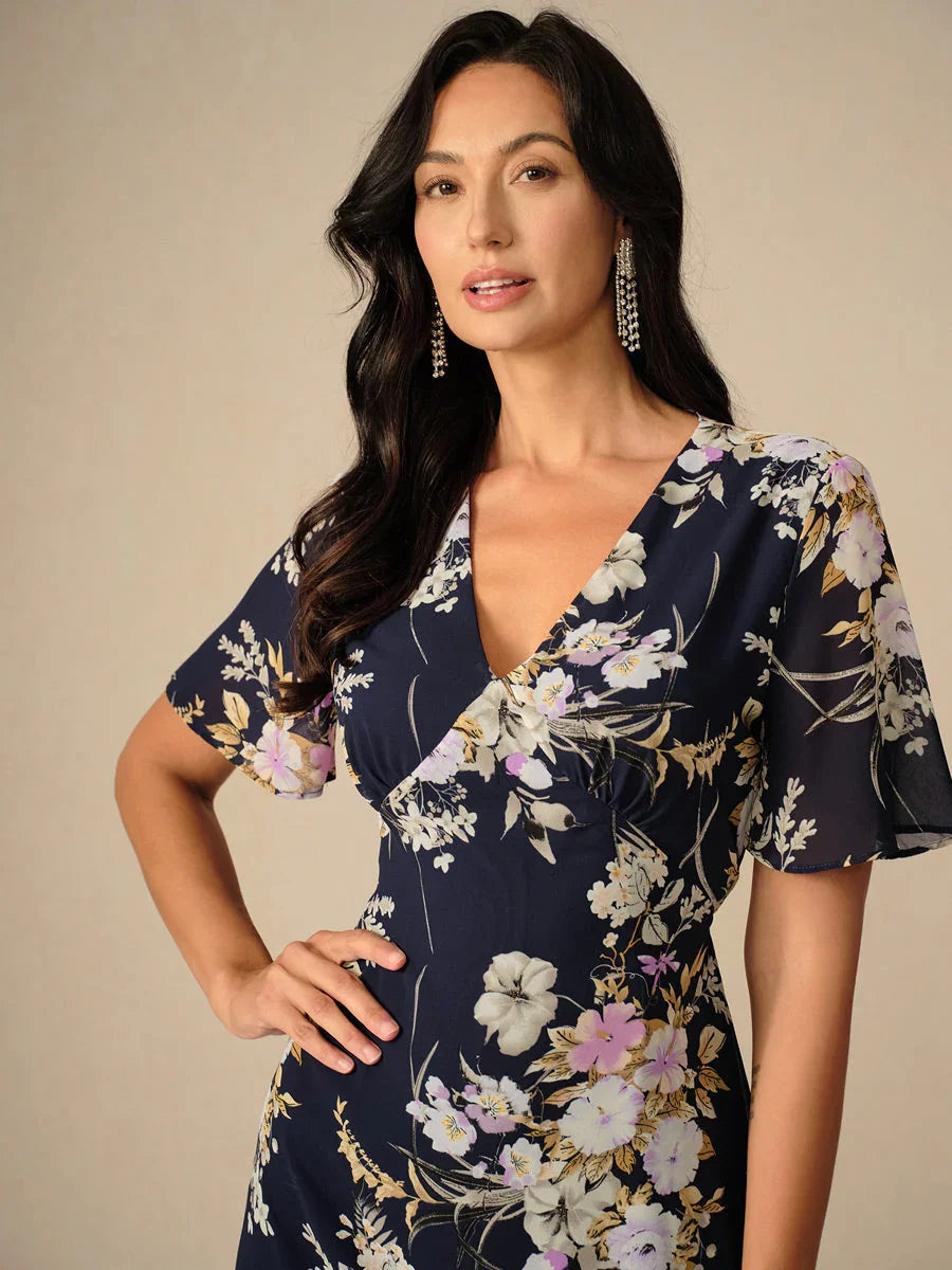 Bloemenchiffon V-hals Midi-jurk met Ruches