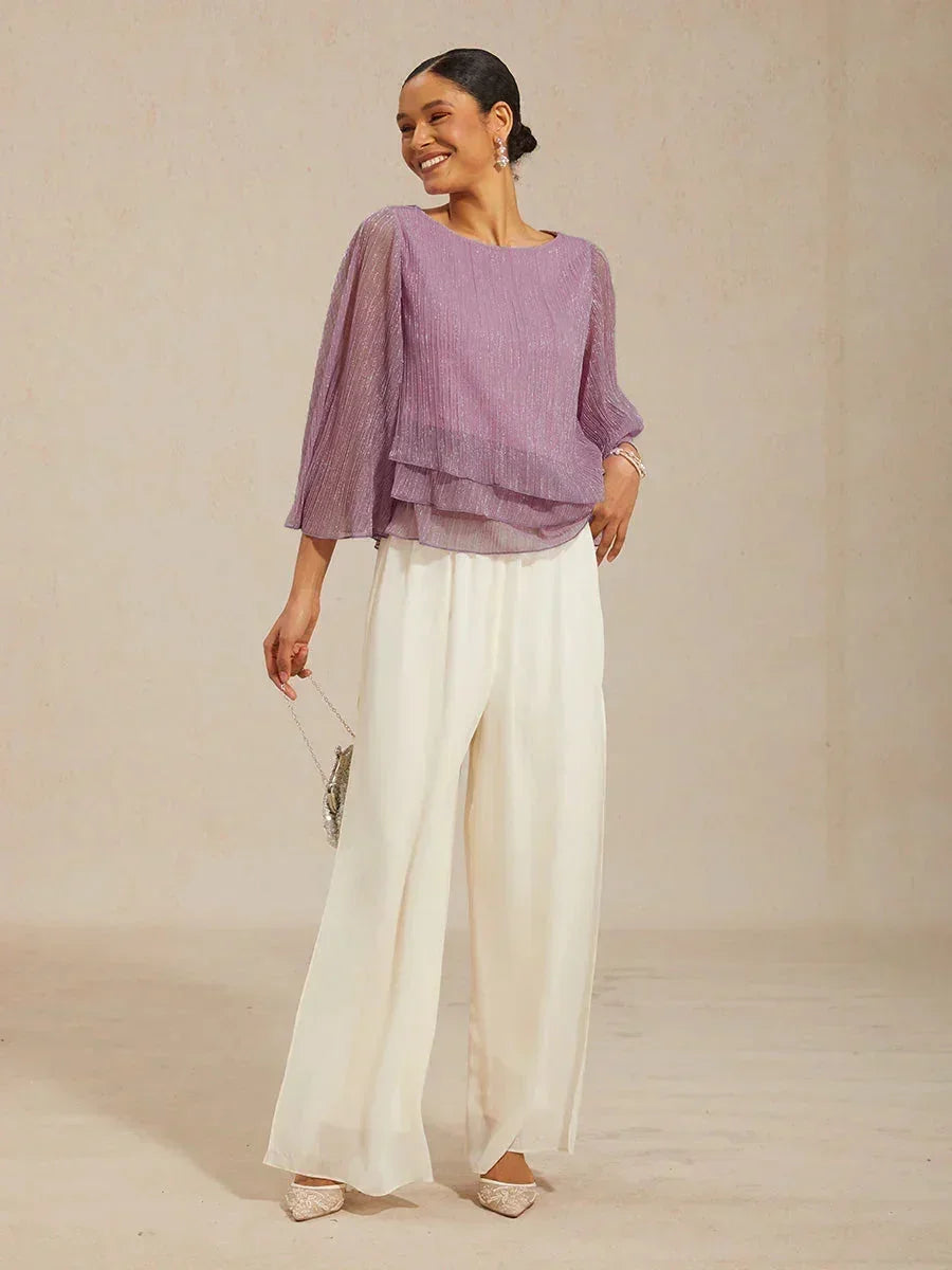 Metallische Geplooide Chiffon Asymmetrische Gelaagde Blouse
