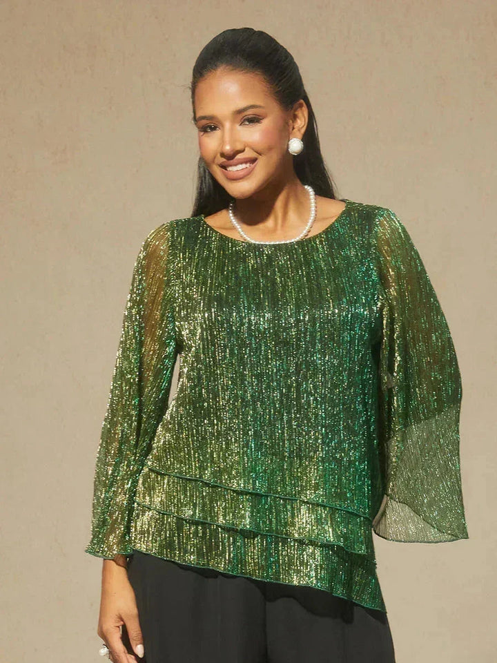 Metallische Geplooide Chiffon Asymmetrische Gelaagde Blouse