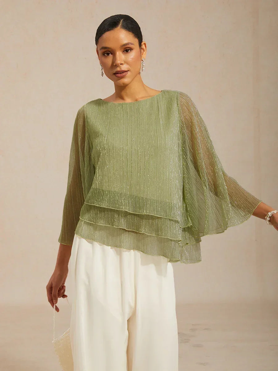 Metallic Geplooide Chiffon Asymmetrische Gelaagde Blouse