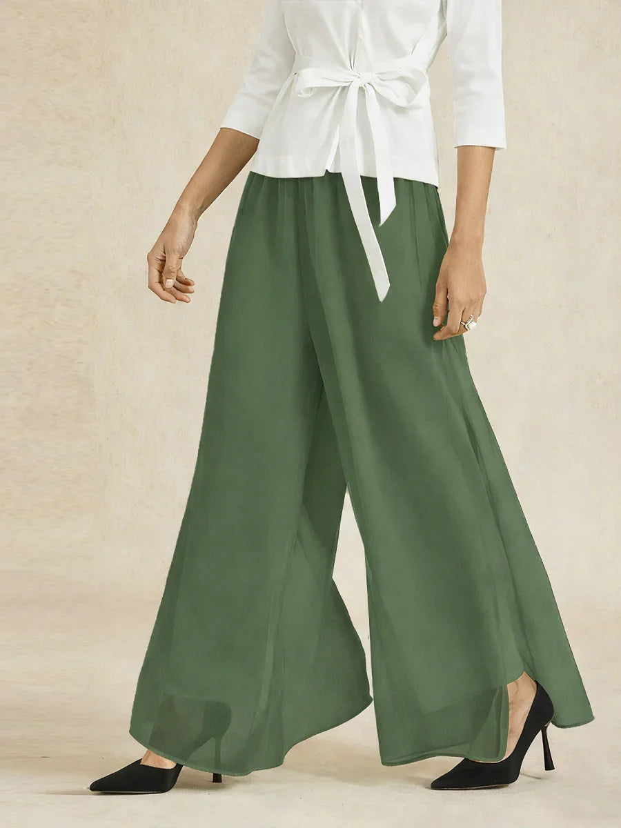 Rechte broek met chiffon split been overlay