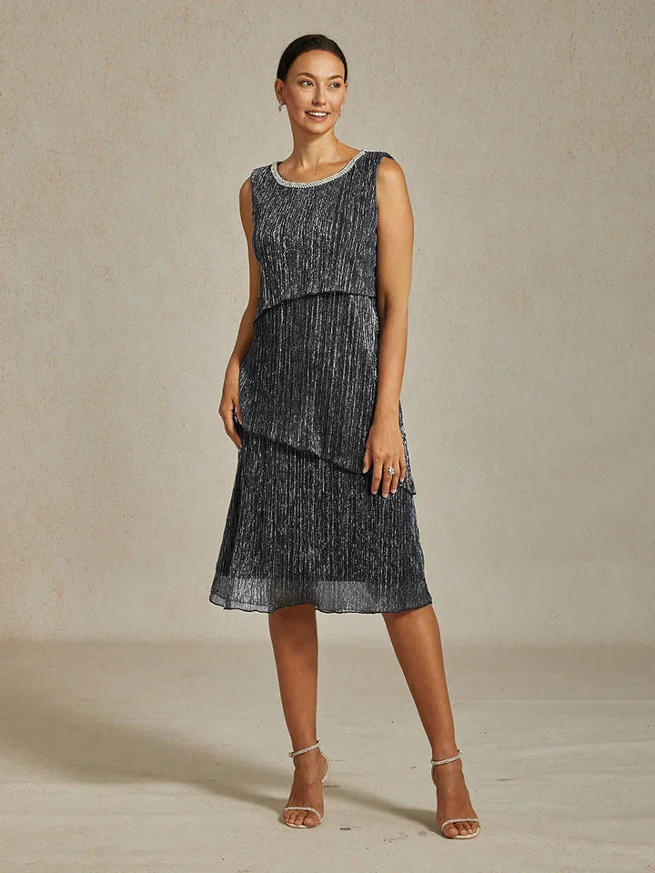 Metallic Geplooide Chiffon Midi-jurk met Ronde Hals en Kralen