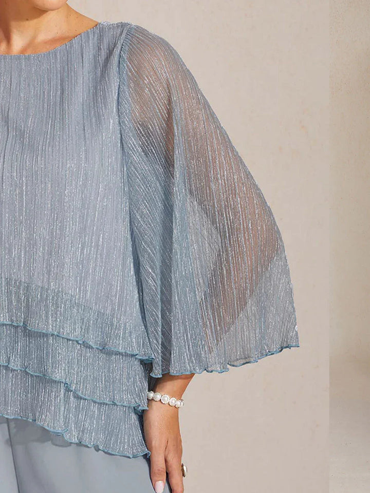 Metallic Geplooide Chiffon Asymmetrische Gelaagde Blouse