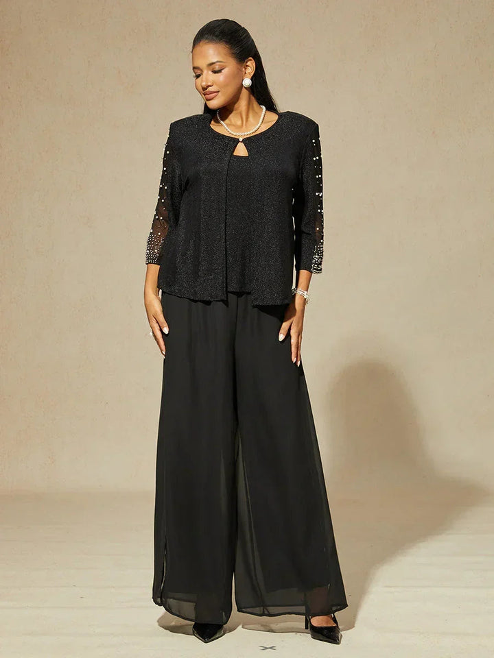 Metallic Knit Blouse with Beading and 3/4 Sleeves