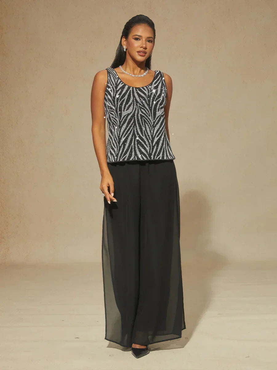 Elegant Mandarin Collar Twinset with Rhinestone Zebra Print