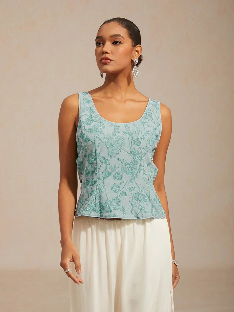 Gebreide Jacquard Twinset Met Bloemen En Mandarijnkraag