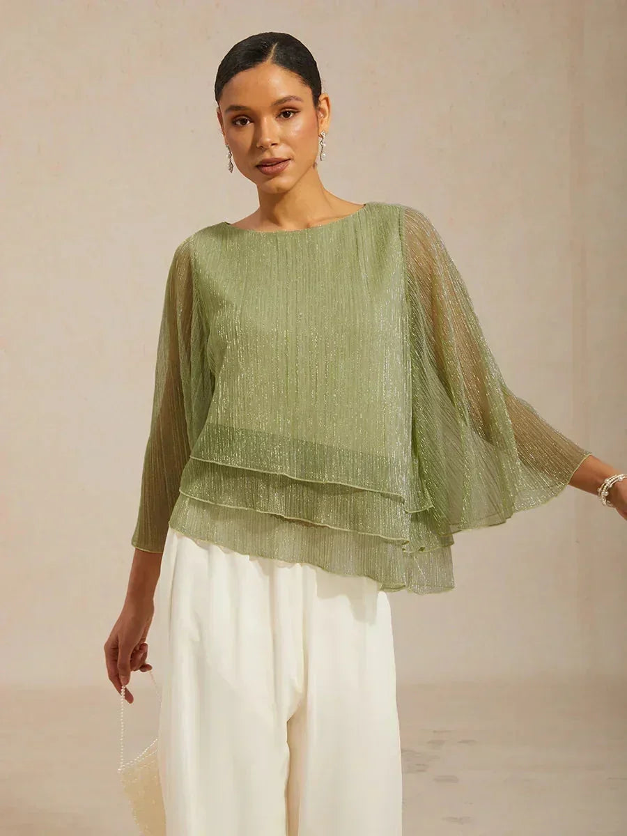 Metallische Geplooide Chiffon Asymmetrische Gelaagde Blouse