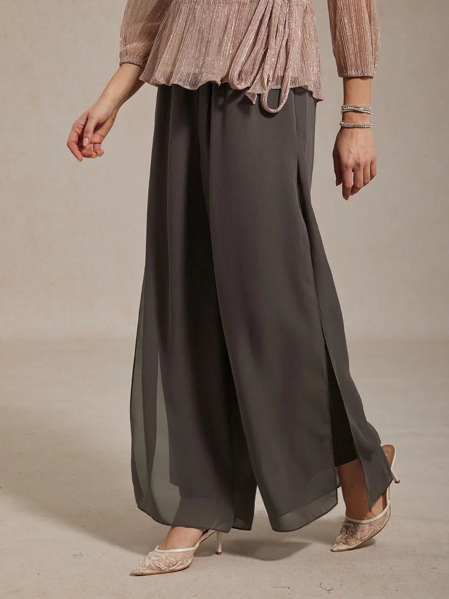 Kanten Broek Met Rechte Pijpen En Chiffon Split-Overlay
